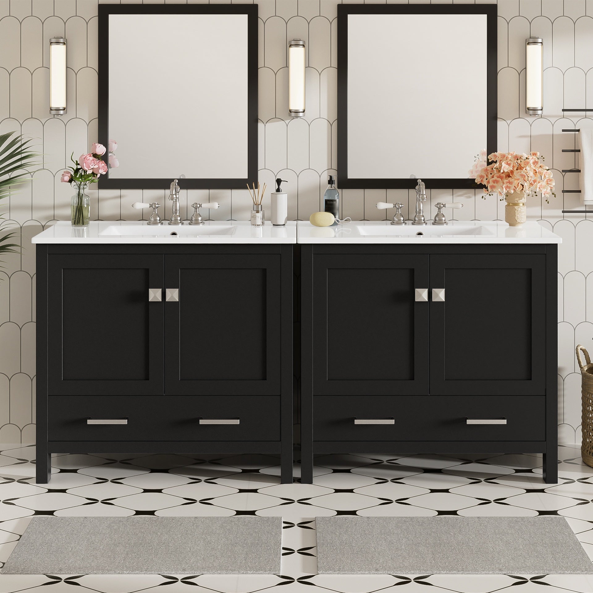 72" Black Bathroom Vanity with Ceramic Sink, Soft-Close Doors, Double Storage Shelves & Divided Drawer – Modern Bathroom Cabinet with Ample Storage