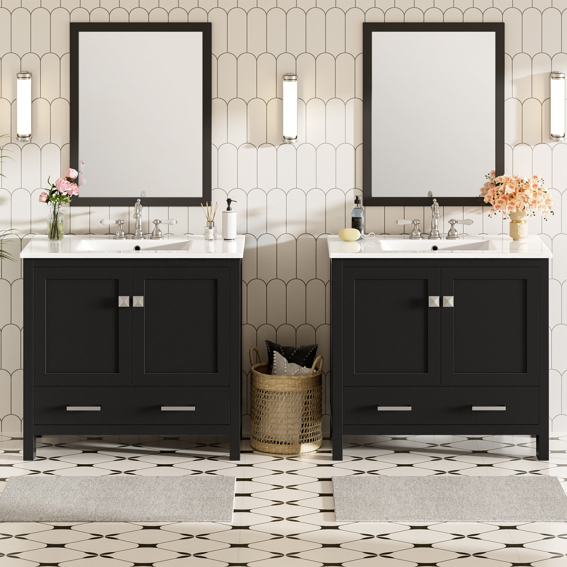 72" Black Bathroom Vanity with Ceramic Sink, Soft-Close Doors, Double Storage Shelves & Divided Drawer – Modern Bathroom Cabinet with Ample Storage