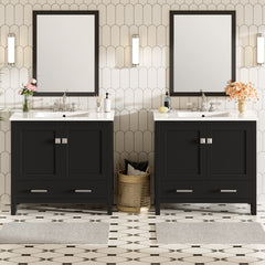 72" Black Bathroom Vanity with Ceramic Sink, Soft-Close Doors, Double Storage Shelves & Divided Drawer – Modern Bathroom Cabinet with Ample Storage