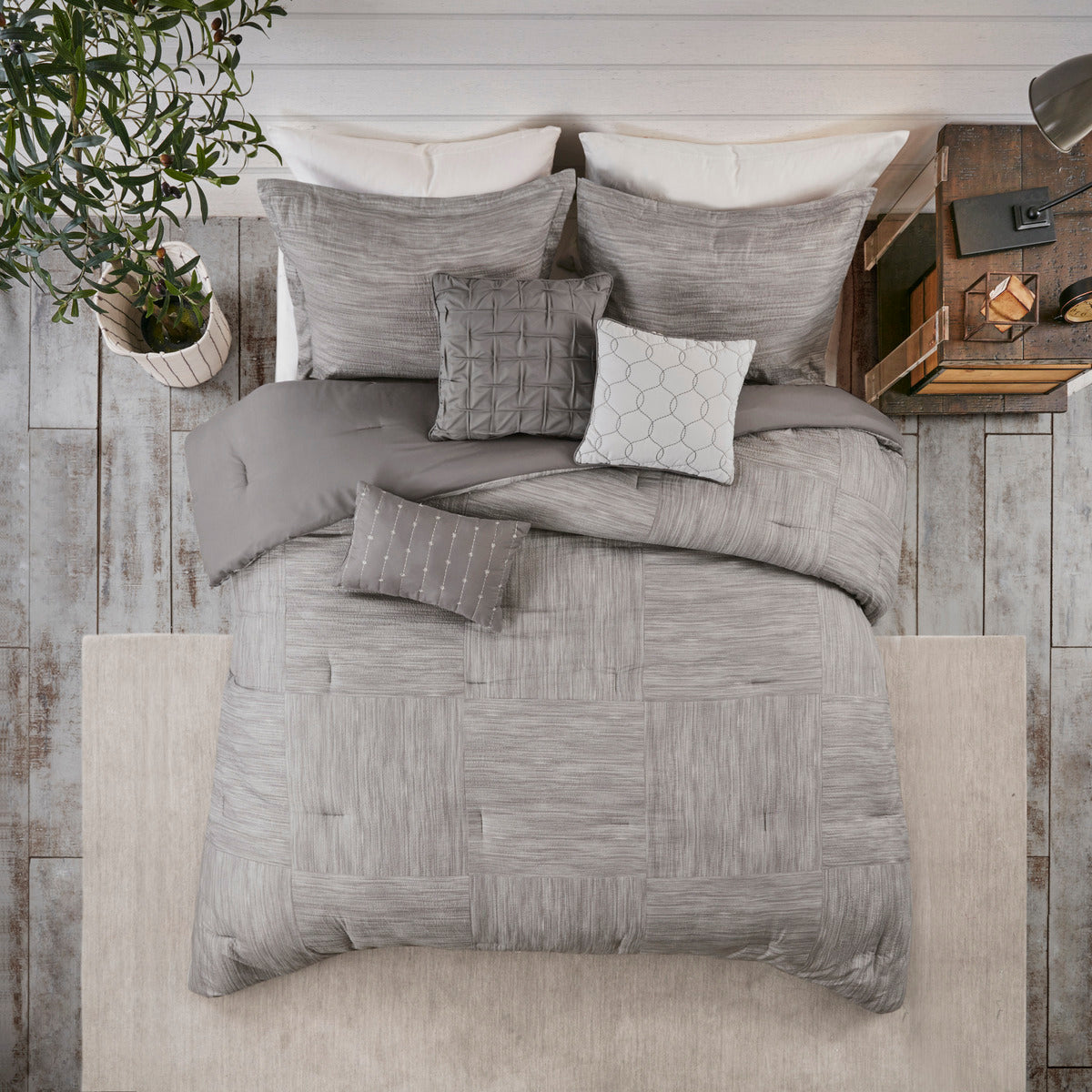 7 Piece Printed Seersucker Comforter Set Grey Queen