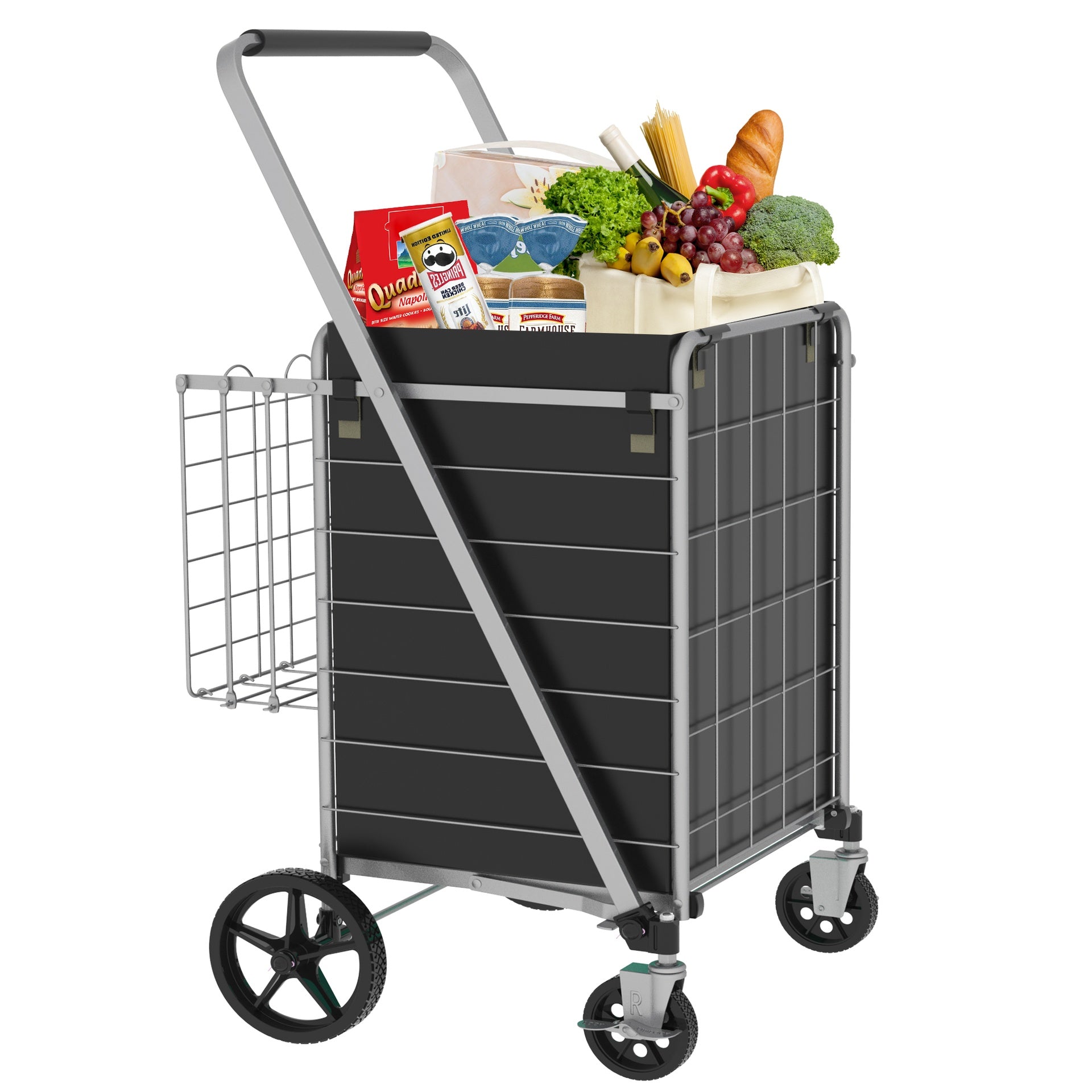 Large Shopping Cart with Brake,Grocery Cart on Wheels, Foldable Utility Shopping Carts with Double Basket and 360° Rolling Swivel Wheels for Groceries Laundry, Grey
