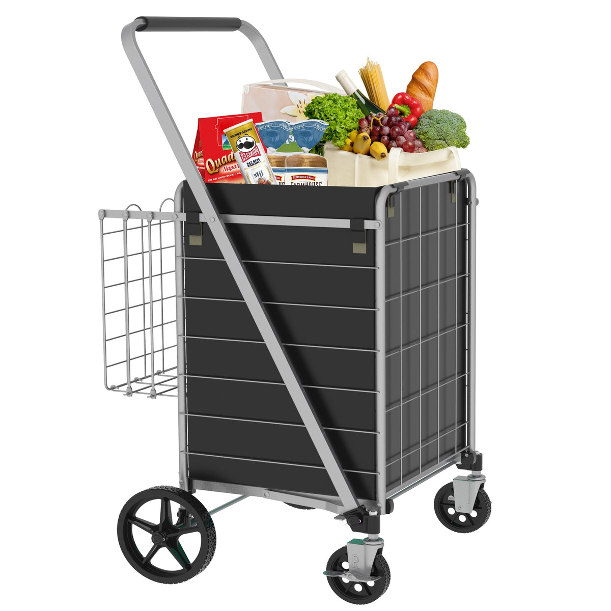 Large Shopping Cart with Brake,Grocery Cart on Wheels, Foldable Utility Shopping Carts with Double Basket and 360° Rolling Swivel Wheels for Groceries Laundry, Grey