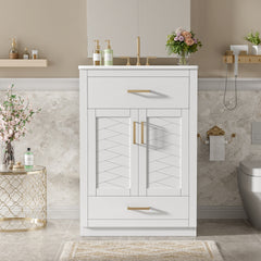 24" Bathroom Vanity with Integrated Ceramic Sink, Bathroom Cabinet with 2 Doors, 1 Tip-out Drawer, Single Sink Bathroom Vanity for Small and Medium Restroom, White