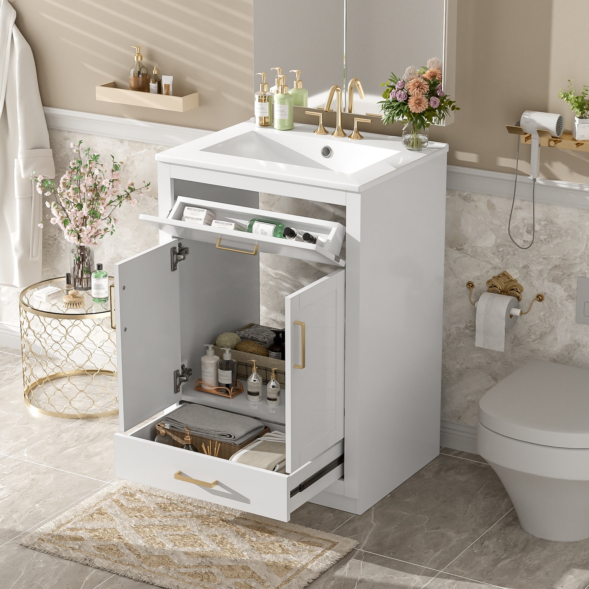 24" Bathroom Vanity with Integrated Ceramic Sink, Bathroom Cabinet with 2 Doors, 1 Tip-out Drawer, Single Sink Bathroom Vanity for Small and Medium Restroom, White