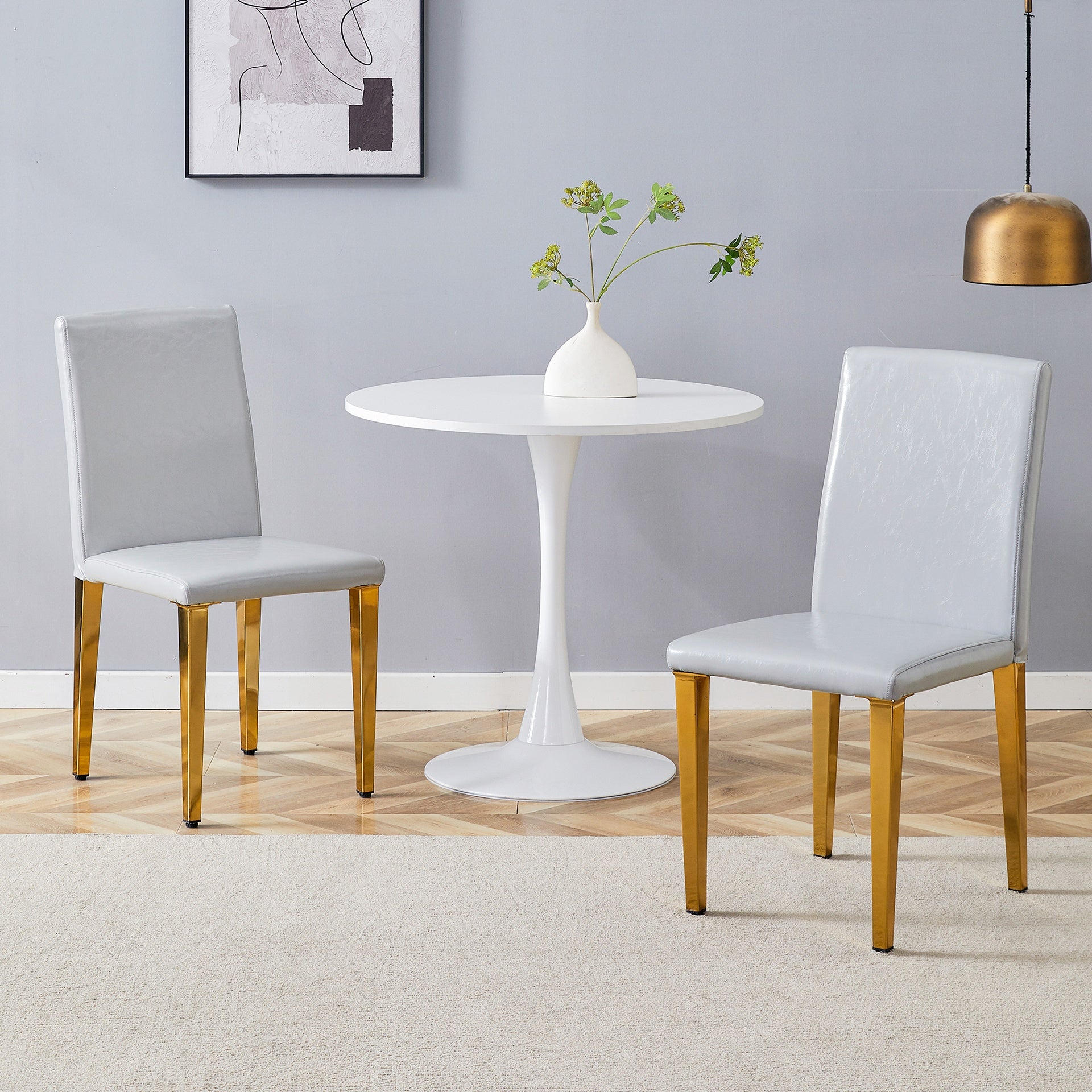 Set of 2 Light Gray PU Dining Chairs: 35.4" High, 18.5" Ergonomic Backrest, 17"×16" Sponge Seat, Perfect for Dining Room, Home Office & Living Space, Stylish & Comfortable.Golden Metal Leg.