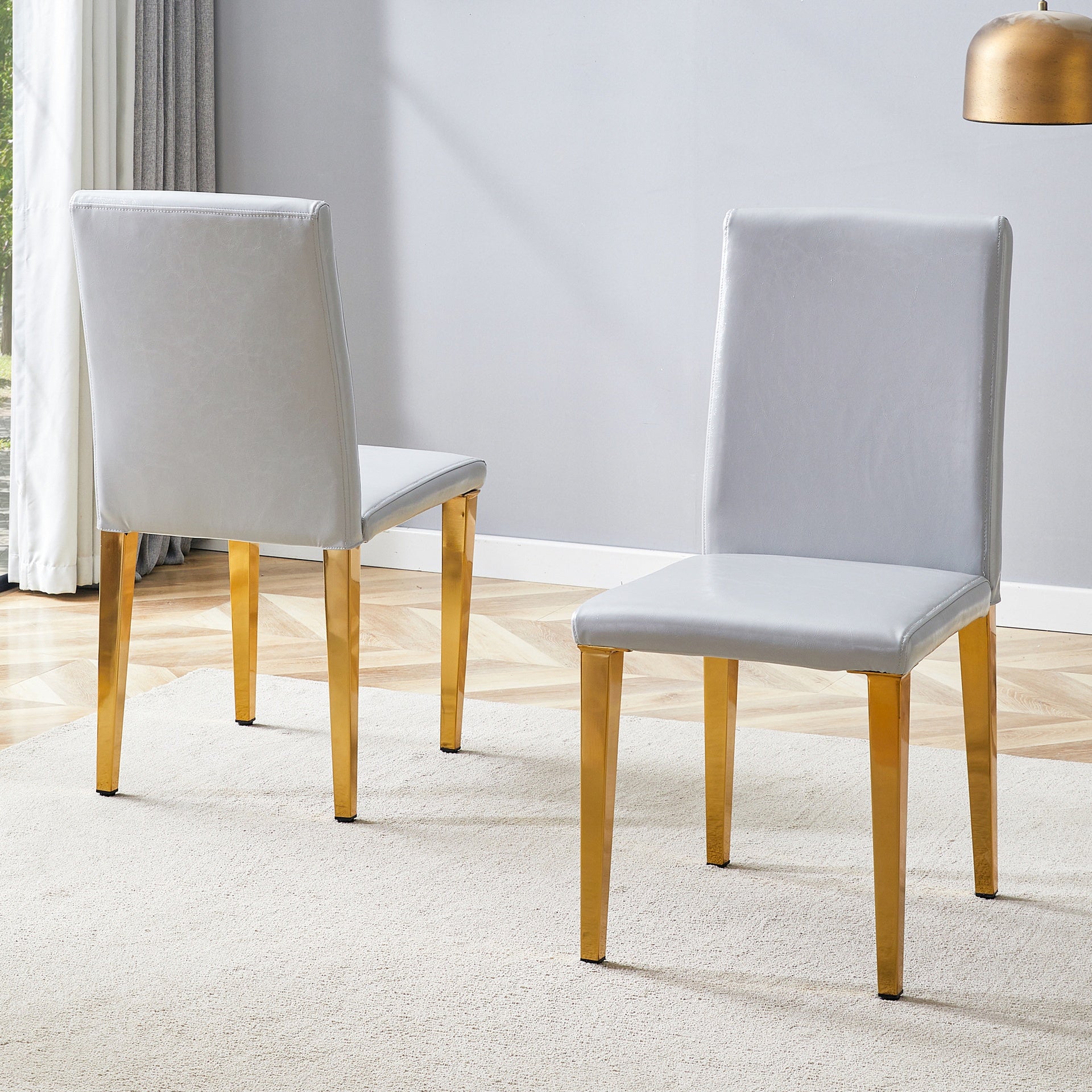 Set of 2 Light Gray PU Dining Chairs: 35.4" High, 18.5" Ergonomic Backrest, 17"×16" Sponge Seat, Perfect for Dining Room, Home Office & Living Space, Stylish & Comfortable.Golden Metal Leg.
