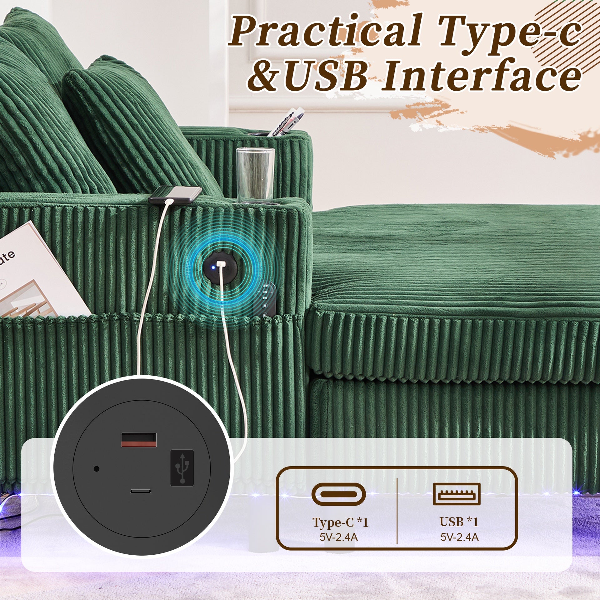 UNITED WE WIN Modern Corduroy Oversized Recliner Sofa with Deep Seat, 3 Pillows, USB Charging, RGB LED Light Strip, Cup Holder, Side Pocket - Suitable for Living Room and Bedroom