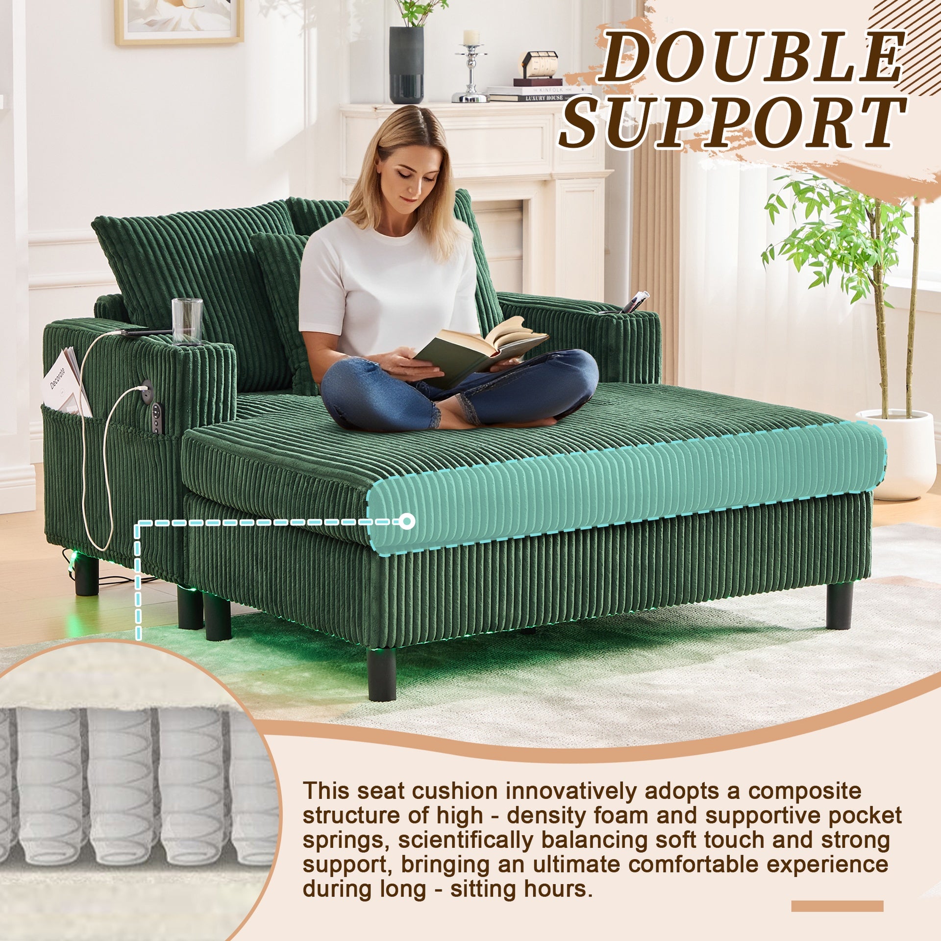 UNITED WE WIN Modern Corduroy Oversized Recliner Sofa with Deep Seat, 3 Pillows, USB Charging, RGB LED Light Strip, Cup Holder, Side Pocket - Suitable for Living Room and Bedroom