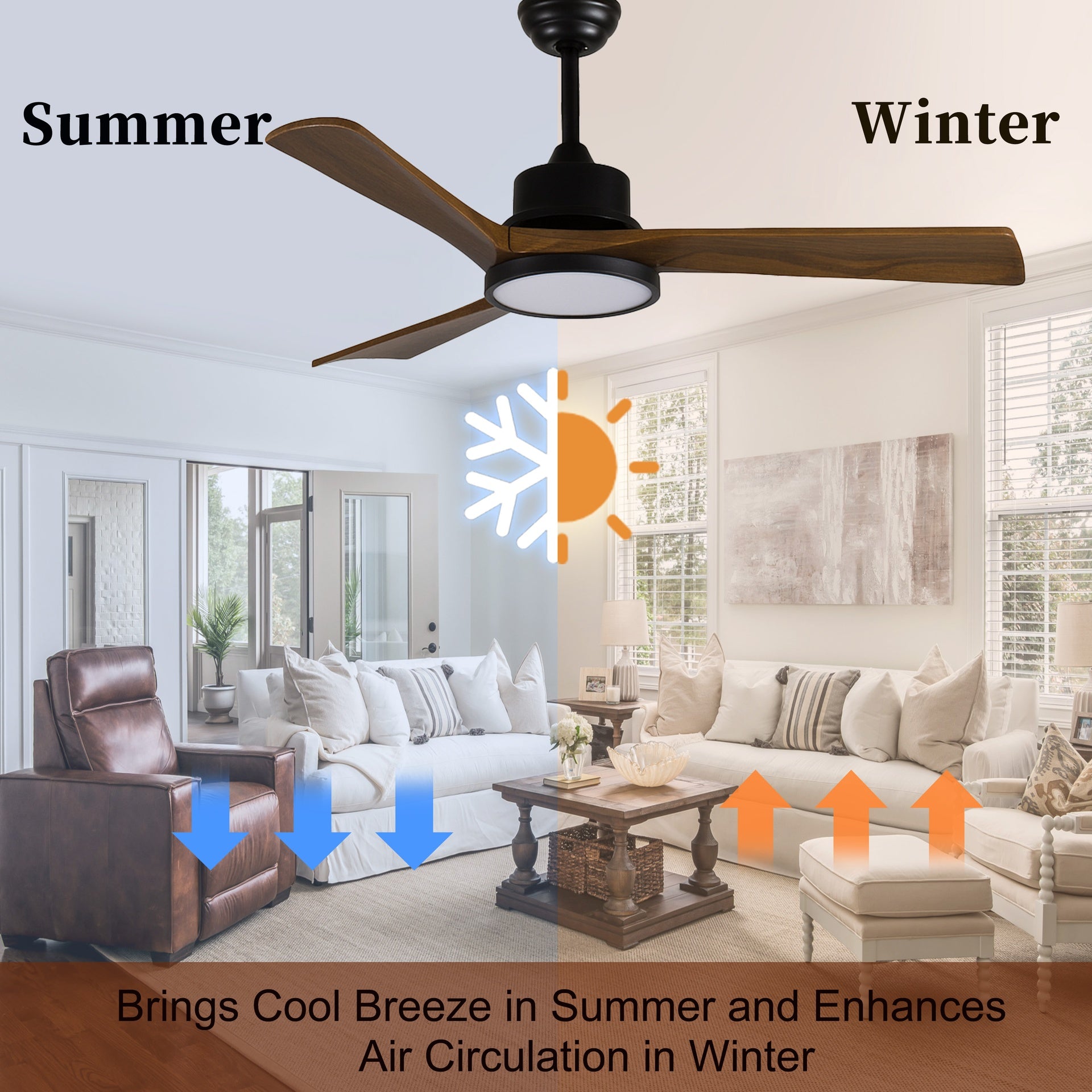 42-Inch Ceiling Fan with Light, Solid Wood Blades, 2 Downrods for Sloped Ceiling ≤15°, Quiet Reversible DC Motor, APP & Remote Control, 6 Speeds, Timer, Dimmable Full-Spectrum LED, for Bedroom