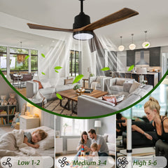 42-Inch Ceiling Fan with Light, Solid Wood Blades, 2 Downrods for Sloped Ceiling ≤15°, Quiet Reversible DC Motor, APP & Remote Control, 6 Speeds, Timer, Dimmable Full-Spectrum LED, for Bedroom