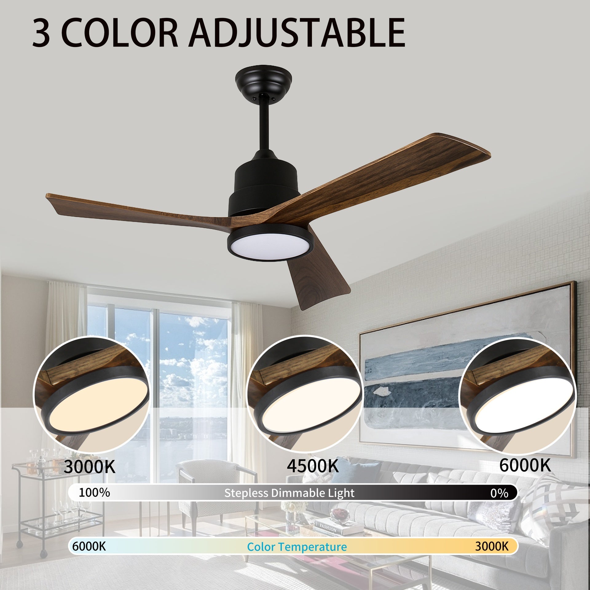 42-Inch Ceiling Fan with Light, Solid Wood Blades, 2 Downrods for Sloped Ceiling ≤15°, Quiet Reversible DC Motor, APP & Remote Control, 6 Speeds, Timer, Dimmable Full-Spectrum LED, for Bedroom