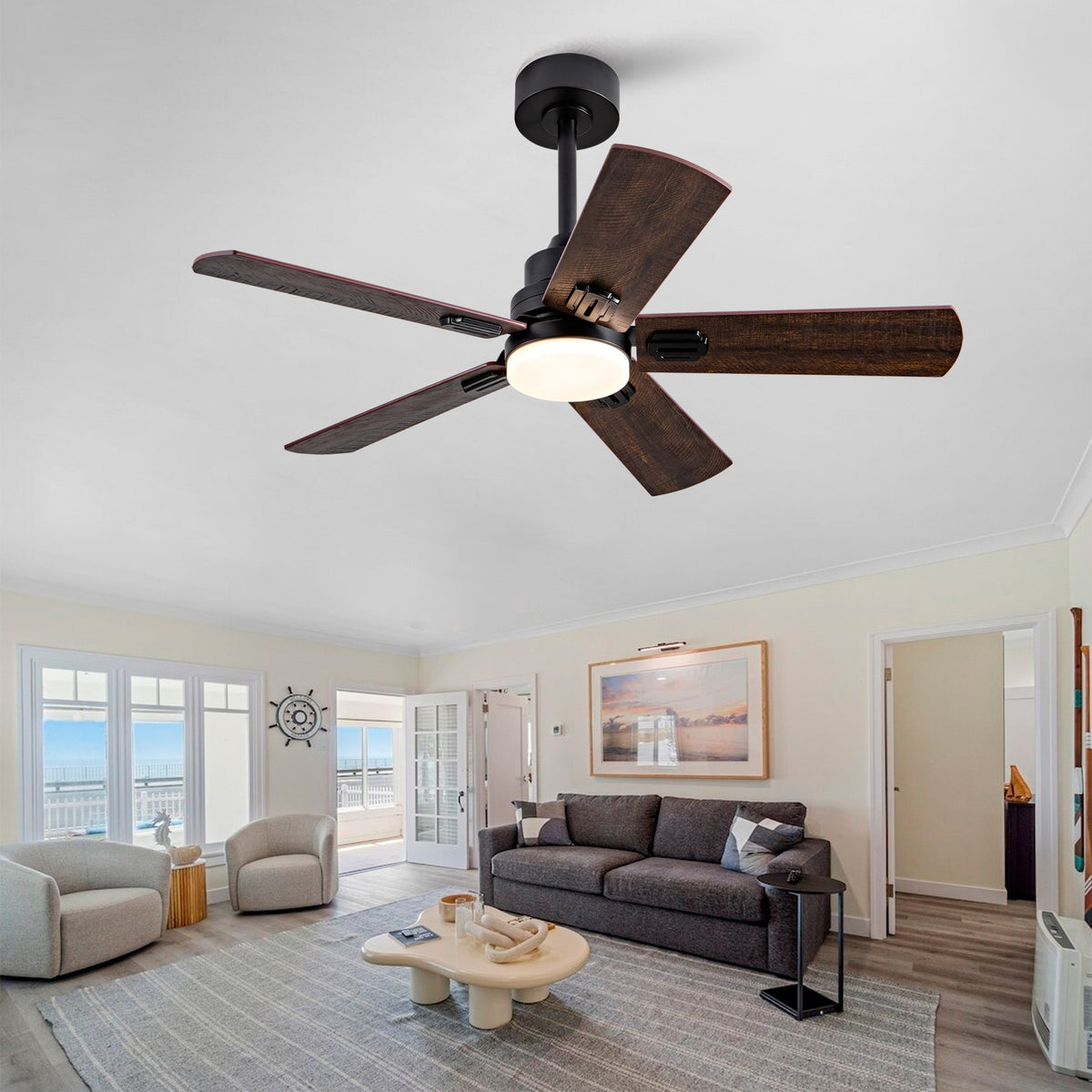 Smart 42" Indoor/Outdoor Ceiling Fan with Light, Dual Finish Black/Walnut 6-Blade, Remote  Control, Dimmable LED, 6-Speed Quiet DC Motor, Reversible
