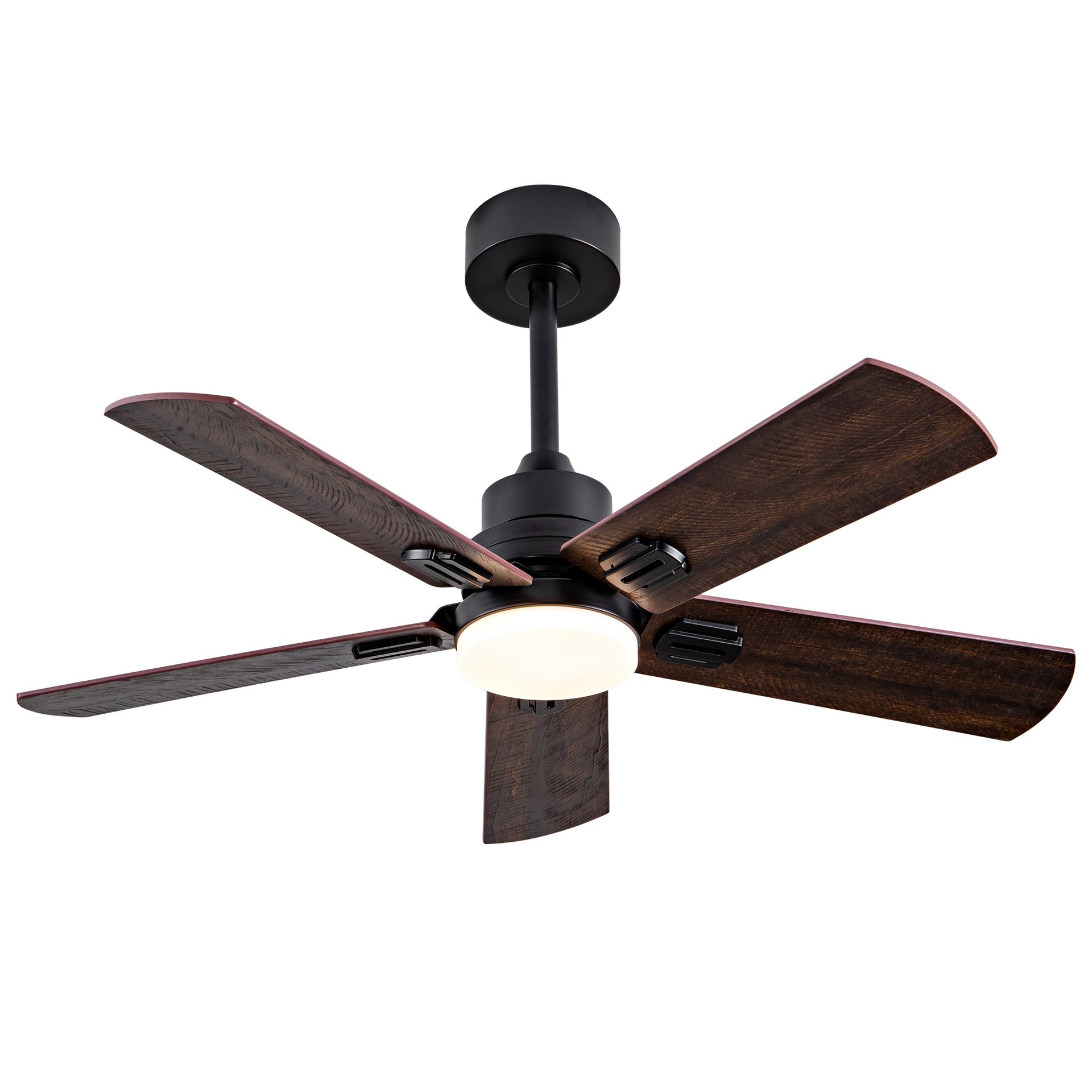 Smart 42" Indoor/Outdoor Ceiling Fan with Light, Dual Finish Black/Walnut 6-Blade, Remote  Control, Dimmable LED, 6-Speed Quiet DC Motor, Reversible