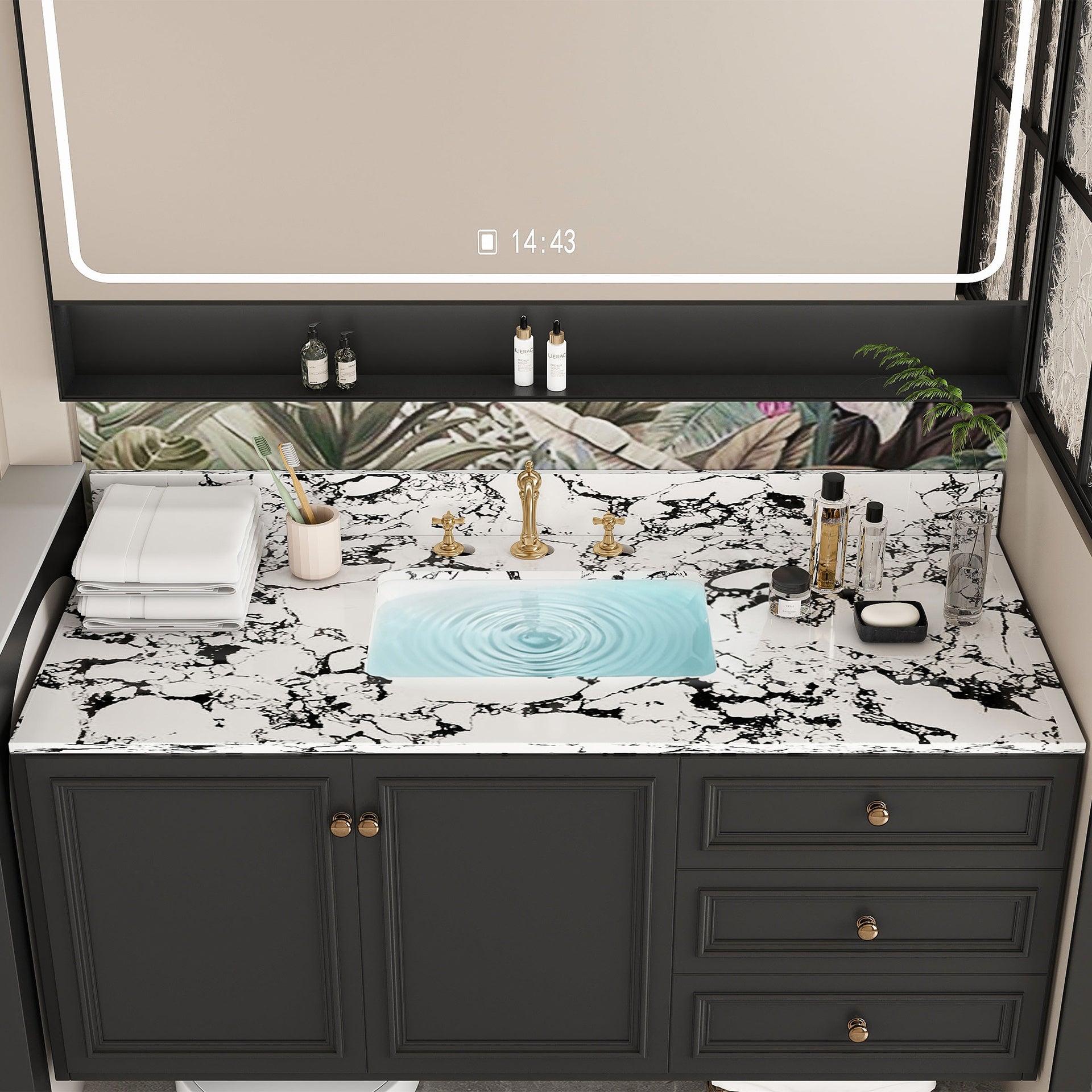 49"x22" Bathroom Vanity Top, with Undermount Ceramic Sink and Backsplash, artificial marble Bathroom Vanity Top with 3 Faucet Holes, New Carrara white and black (Only Bathroom Vanity Top)