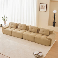 153" Modern Modular Sectional Sofa for Living Room, Corduroy Fabric,4-Seater Couch with Deep Seat, Pearl-like piping, Tufted Design, Buckle connection, No Assembly, Anti-slip Design, Camel