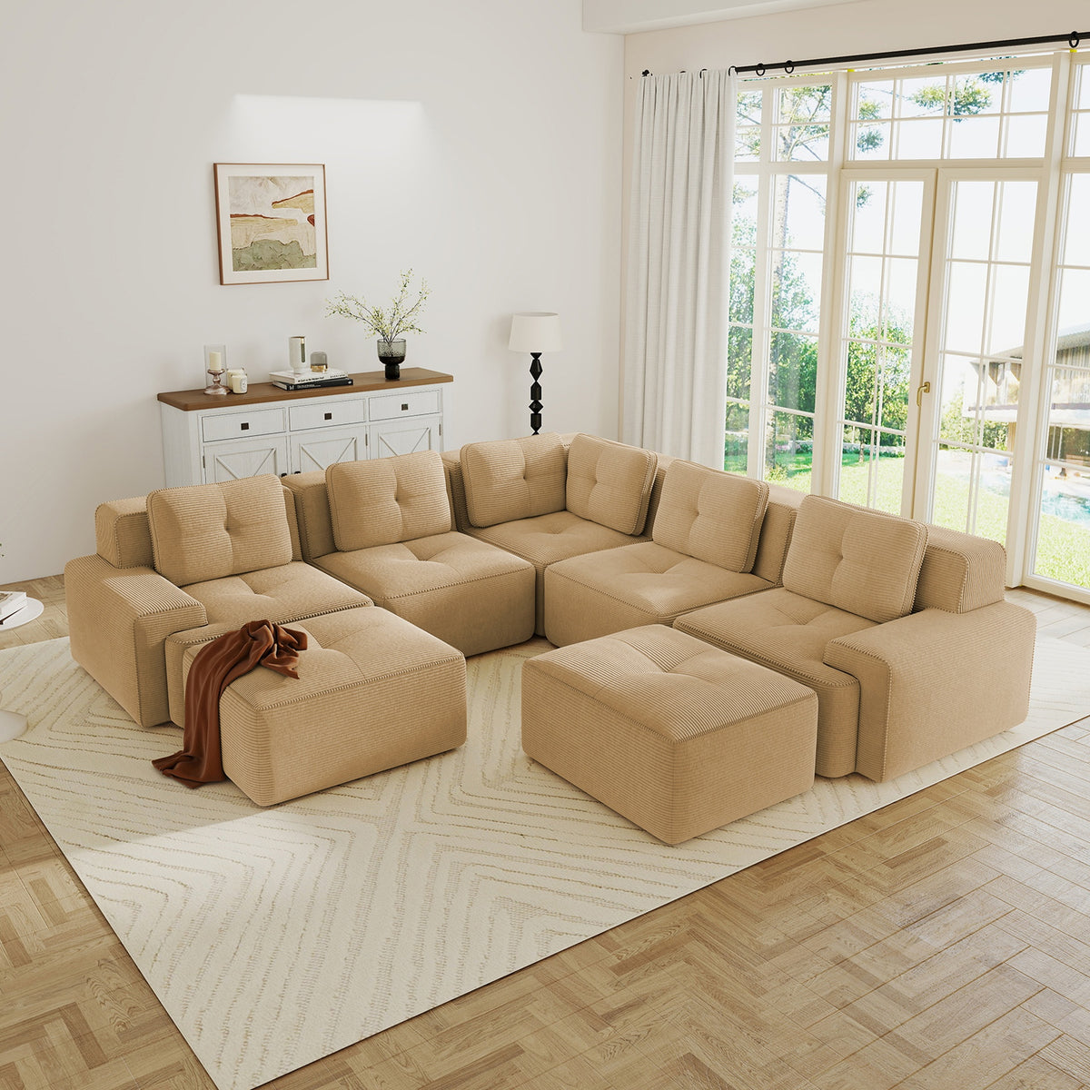 Modular Sectional Sofa with 5-Seater,V Shaped Corner Couch,Corduroy Fabric,2 Movable Ottomans, Deep Seat for Living Room, Pearl-like piping, Tufted Design, No Assembly, Anti-slip Design,Camel