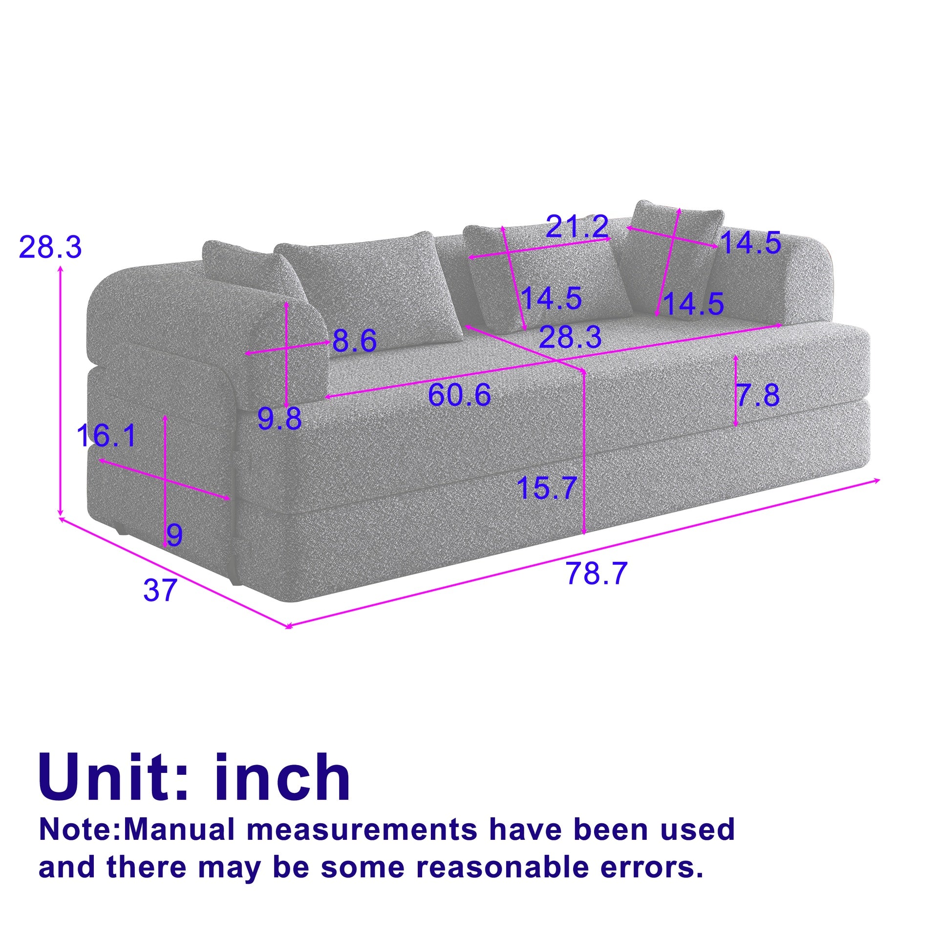 78.7-Inch Convertible Sleeper Sofa Bed with Cylindrical Pillow, Chenille Folding Mattress Couch with ,Folding Sofa Bed with Side Pocket, Floor Sofa Lounge Couch ,3PCS