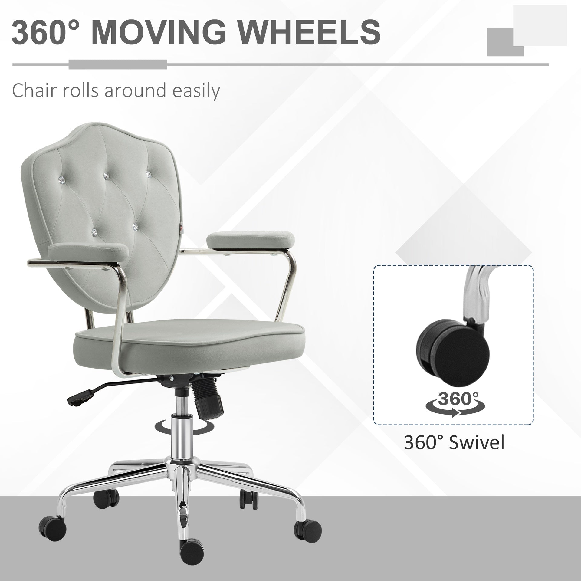 HOMCOM Cute Home Office Chair, Computer Desk Chair with Button Tufted Velvet-Feel Fabric, Swivel Vanity Chair, Gray