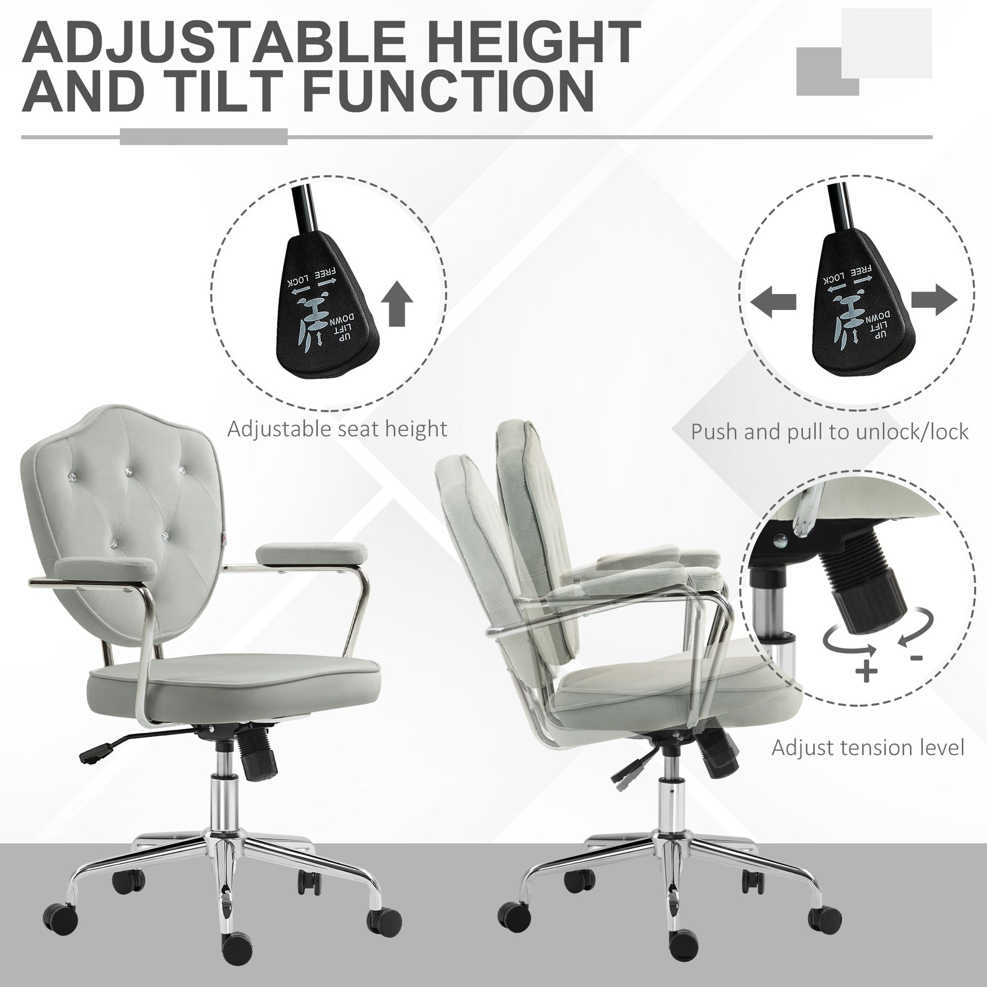 HOMCOM Cute Home Office Chair, Computer Desk Chair with Button Tufted Velvet-Feel Fabric, Swivel Vanity Chair, Gray