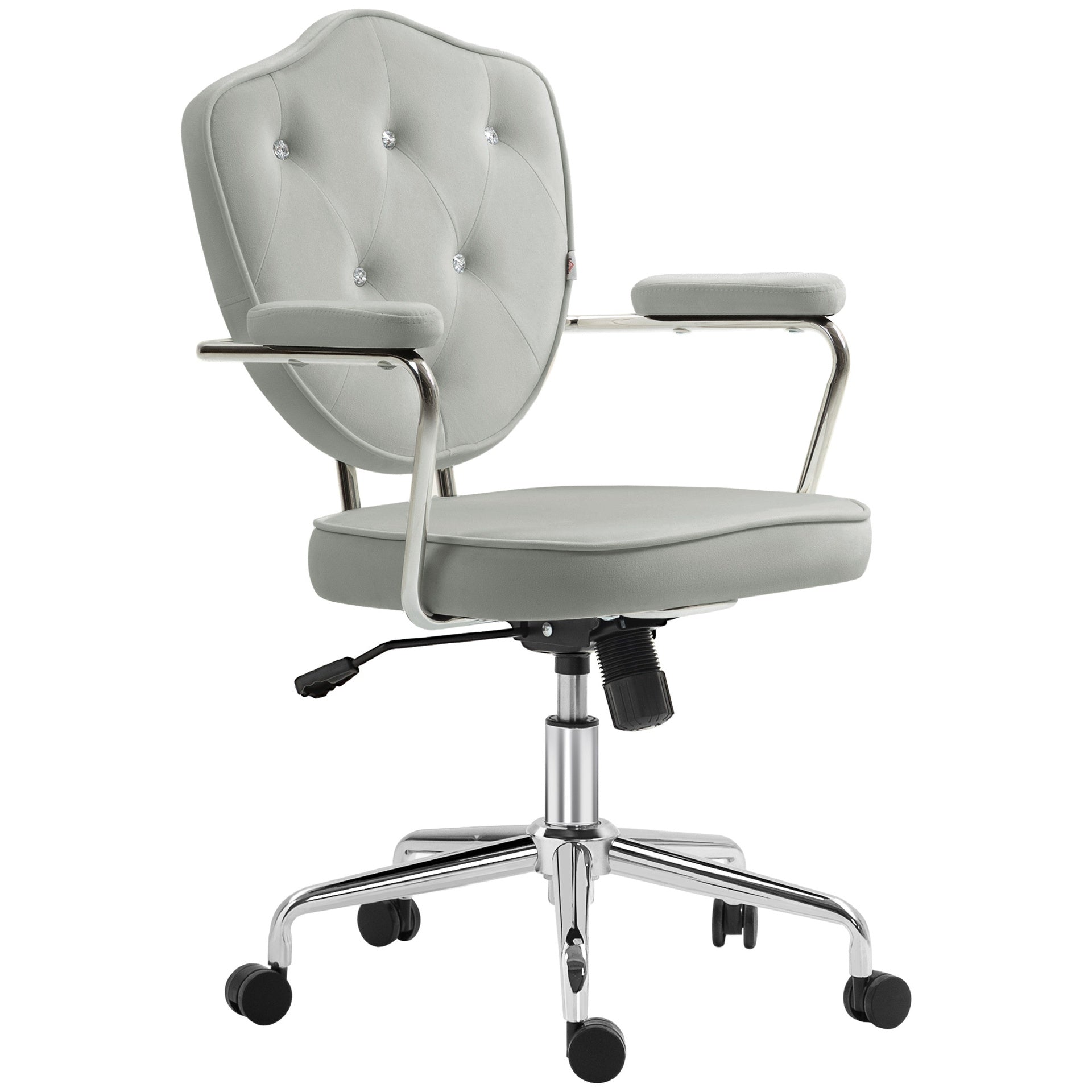 HOMCOM Cute Home Office Chair, Computer Desk Chair with Button Tufted Velvet-Feel Fabric, Swivel Vanity Chair, Gray