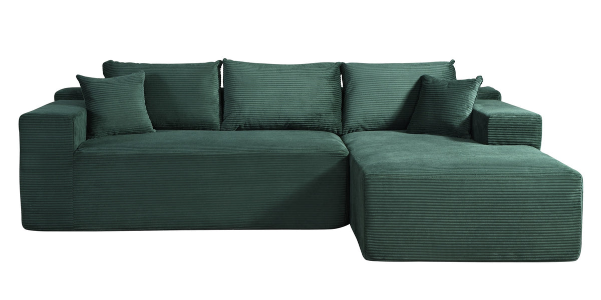 2-Piece Convertible Corduroy L-Shaped Sofa in a Box with Pillows, 3-Seater Modular Sectional Couch, Compressed Living Room Furniture, Dark Green (Right Facing)
