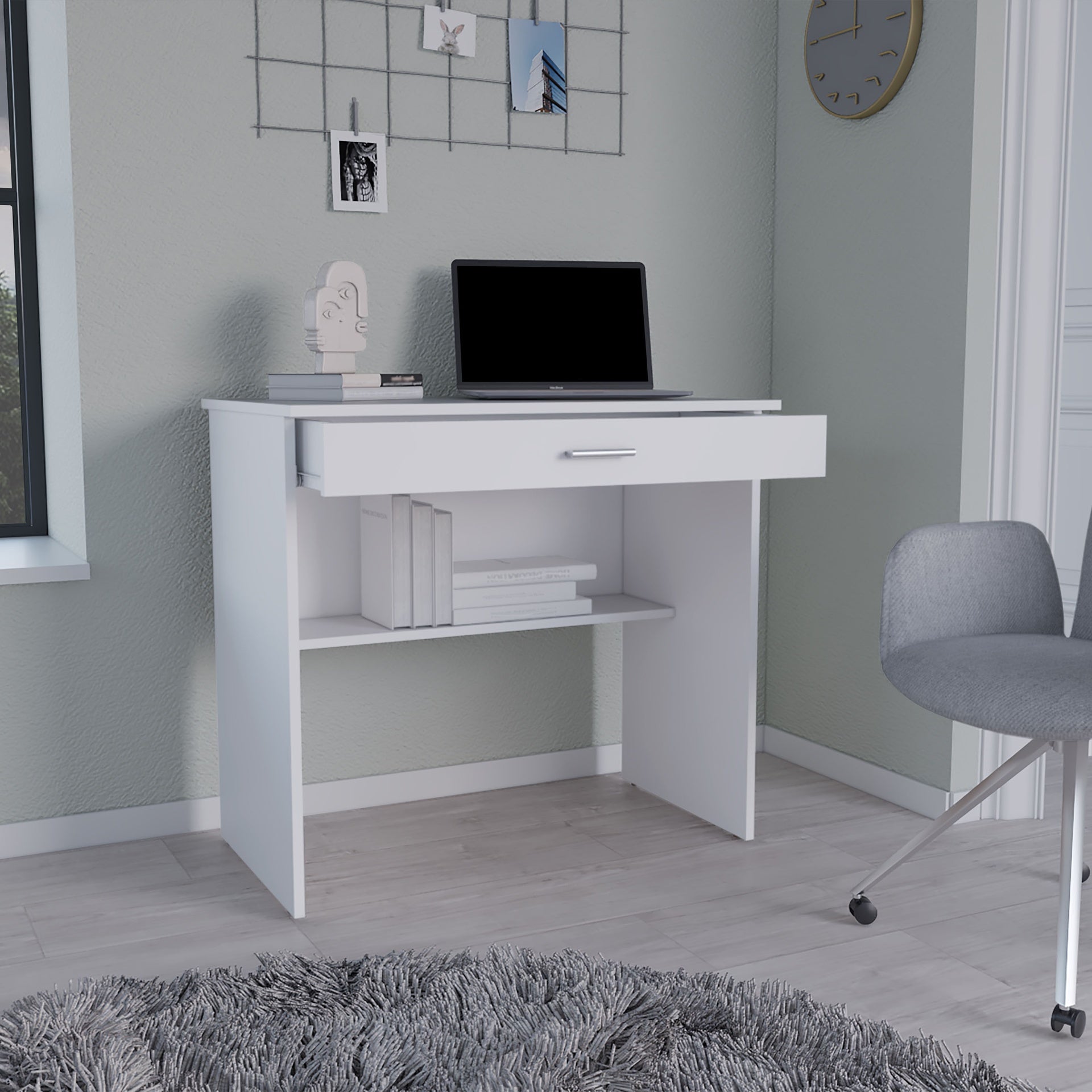 Montana Storage Desk, Spacious Stylish with Drawer and Shelf, White