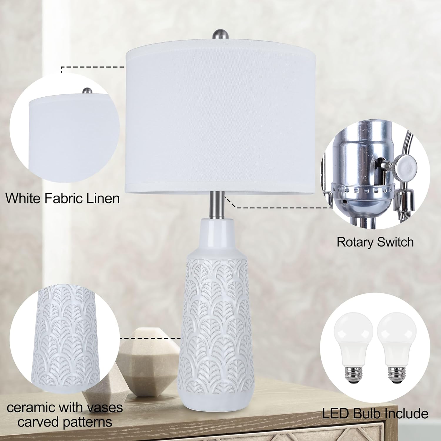 Set of 2 Table Lamps with 3 Color Temperature, 25.5" Tall Farmhouse Ceramic Lamp with Vase Design Nightstand Lamp White Fabric Shade for Living Room Bedroom Home Office