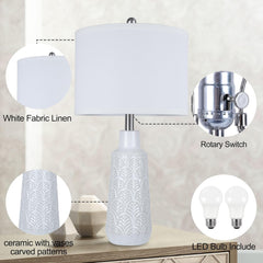 Set of 2 Table Lamps with 3 Color Temperature, 25.5" Tall Farmhouse Ceramic Lamp with Vase Design Nightstand Lamp White Fabric Shade for Living Room Bedroom Home Office
