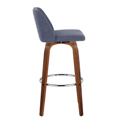 Toriano 30" Mid-Century Modern Fixed-Height Barstool with Swivel in Walnut Wood and Blue Fabric with Round Chrome Metal Footrest by LumiSource - Set of 2