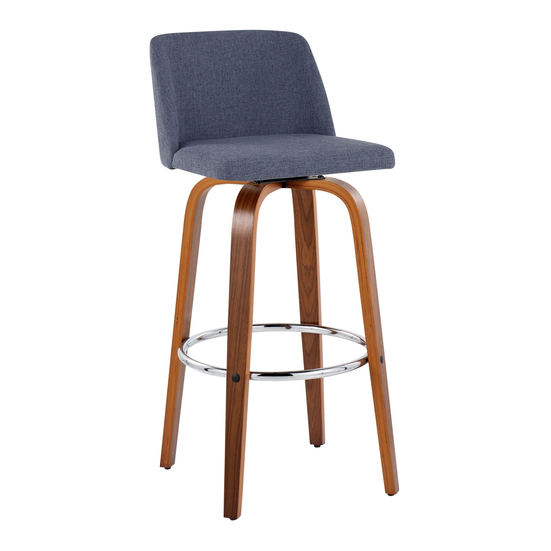 Toriano 30" Mid-Century Modern Fixed-Height Barstool with Swivel in Walnut Wood and Blue Fabric with Round Chrome Metal Footrest by LumiSource - Set of 2