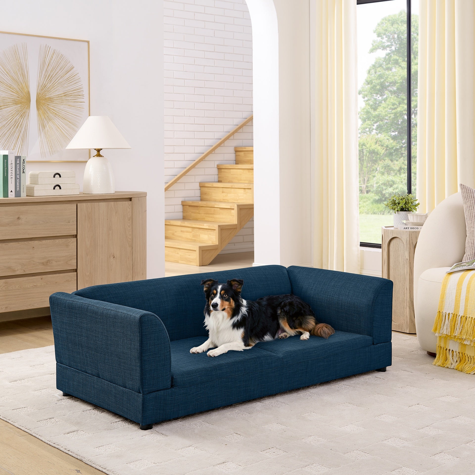 Comfortable Oversized Pet Sofa for Medium/Large Dogs - Modern Rectangular Design with Backrest, Armrests & Soft Cushion -Dark Blue(56.5"*26"*17")