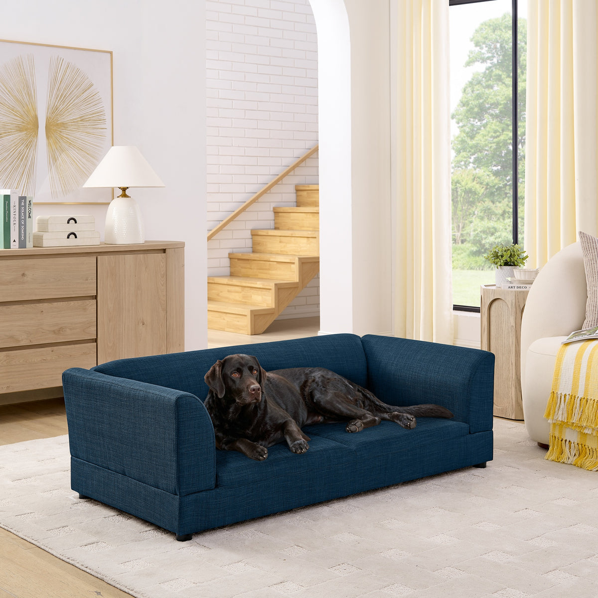 Comfortable Oversized Pet Sofa for Medium/Large Dogs - Modern Rectangular Design with Backrest, Armrests & Soft Cushion -Dark Blue(56.5"*26"*17")