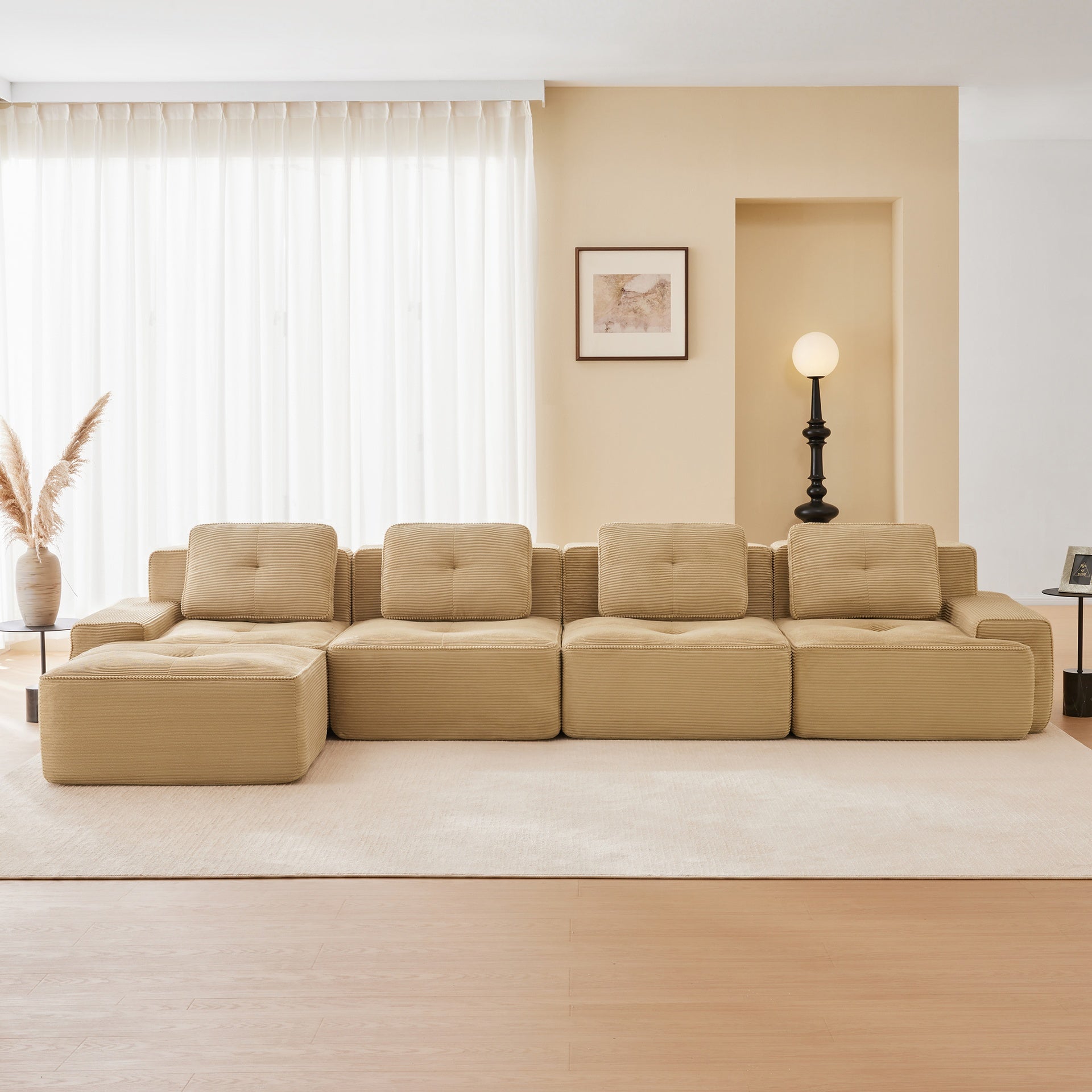 153" Modern L-Shaped Modular Sectional Sofa for Living Room, Corduroy Fabric, 4-Seater Couch with Deep Seat and Movable Ottoman, Pearl-like piping, Tufted Design, No Assembly, Anti-slip Design,Camel