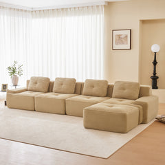 153" Modern L-Shaped Modular Sectional Sofa for Living Room, Corduroy Fabric, 4-Seater Couch with Deep Seat and Movable Ottoman, Pearl-like piping, Tufted Design, No Assembly, Anti-slip Design,Camel