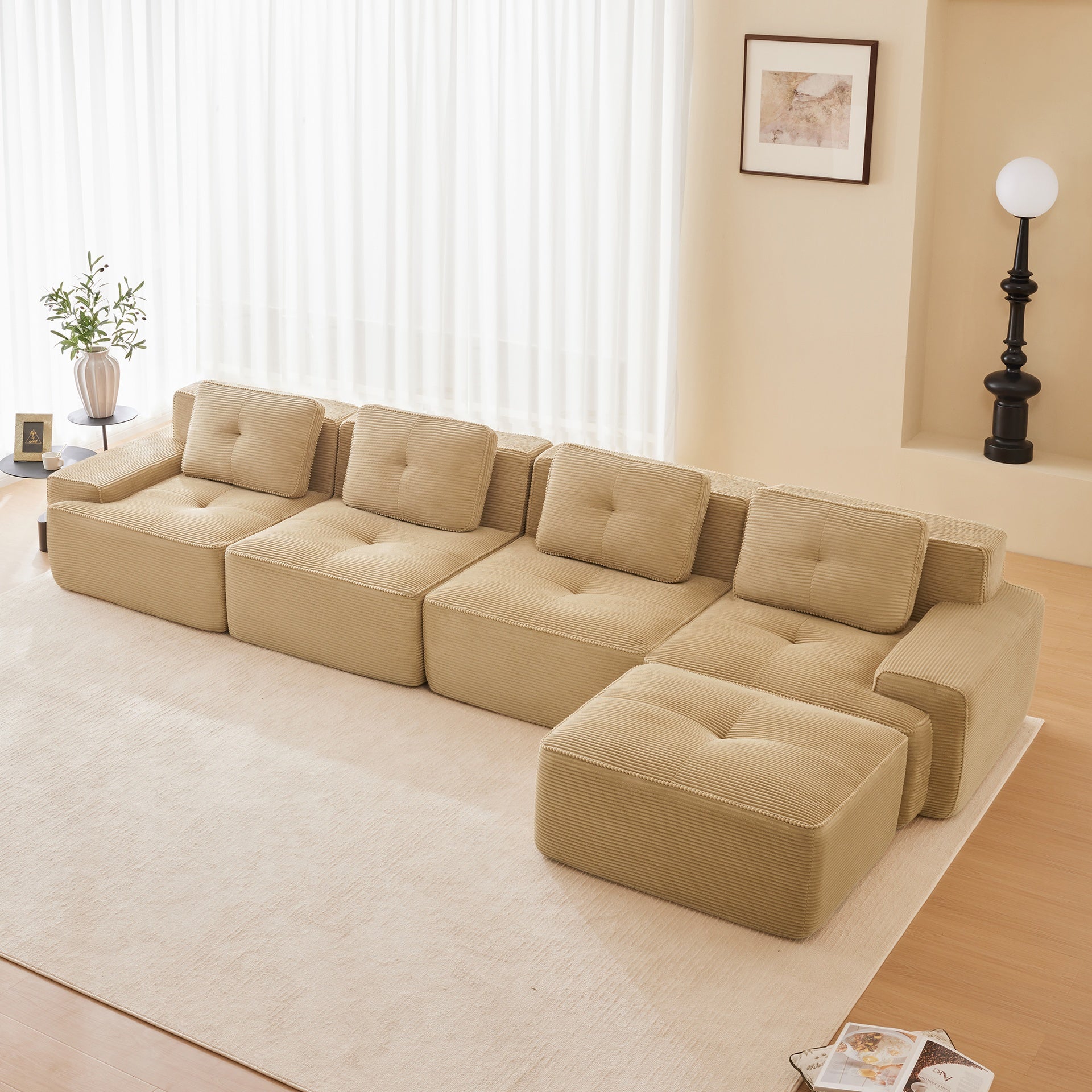 153" Modern L-Shaped Modular Sectional Sofa for Living Room, Corduroy Fabric, 4-Seater Couch with Deep Seat and Movable Ottoman, Pearl-like piping, Tufted Design, No Assembly, Anti-slip Design,Camel