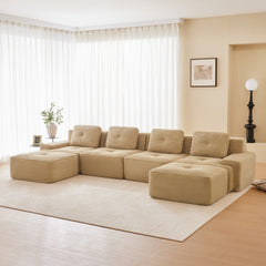 153" Modern U-Shaped Modular Sectional Sofa for Living Room, Corduroy Fabric,4-Seater Couch with Deep Seat and 2-Movable Ottoman,Pearl-like piping, Tufted Design, No Assembly, Anti-slip Design,Camel