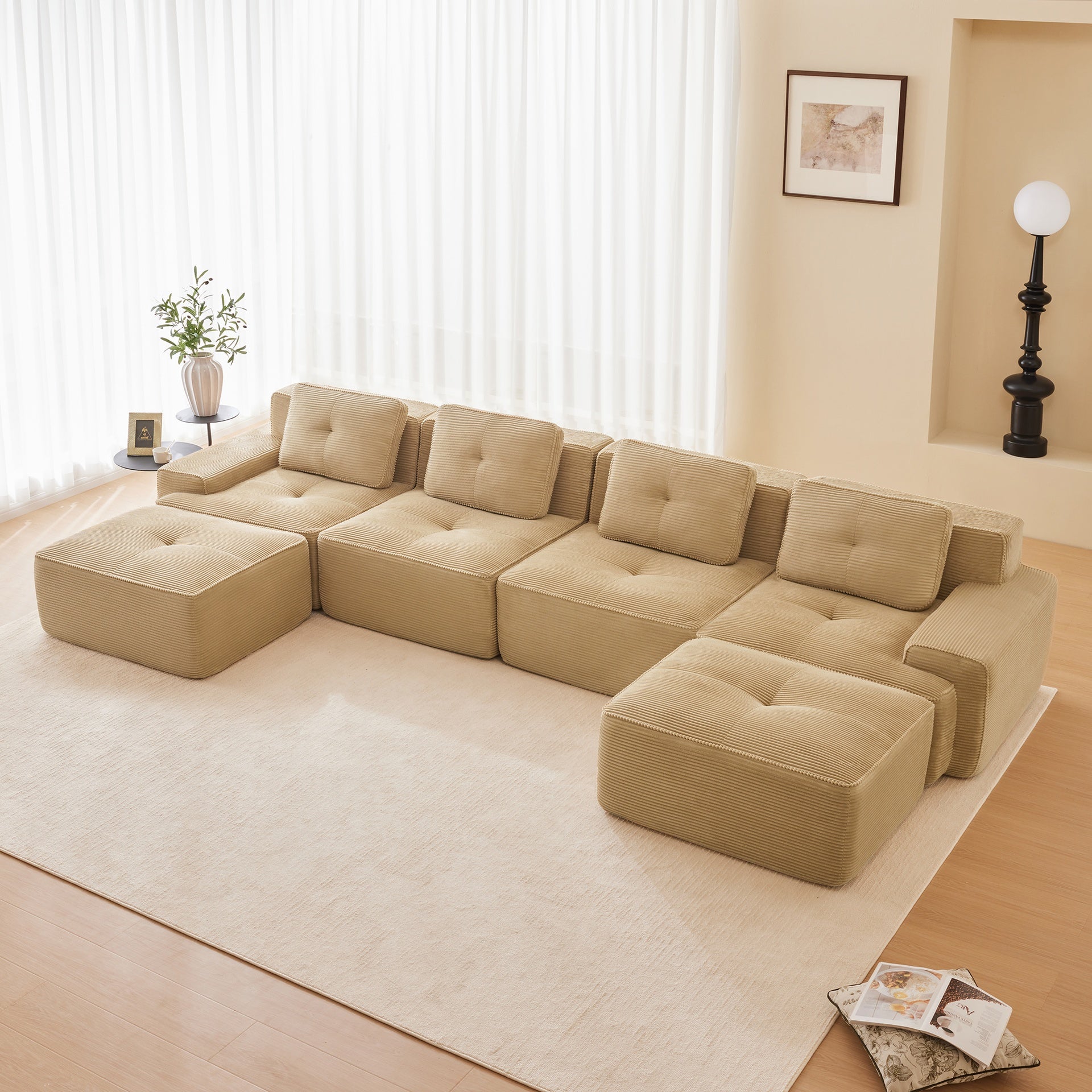 153" Modern U-Shaped Modular Sectional Sofa for Living Room, Corduroy Fabric,4-Seater Couch with Deep Seat and 2-Movable Ottoman,Pearl-like piping, Tufted Design, No Assembly, Anti-slip Design,Camel