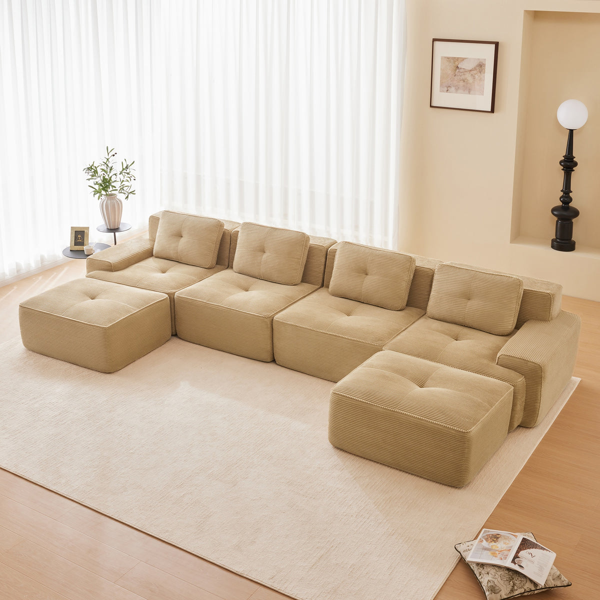 153" Modern U-Shaped Modular Sectional Sofa for Living Room, Corduroy Fabric,4-Seater Couch with Deep Seat and 2-Movable Ottoman,Pearl-like piping, Tufted Design, No Assembly, Anti-slip Design,Camel