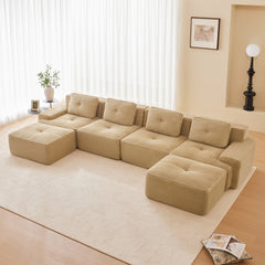 153" Modern U-Shaped Modular Sectional Sofa for Living Room, Corduroy Fabric,4-Seater Couch with Deep Seat and 2-Movable Ottoman,Pearl-like piping, Tufted Design, No Assembly, Anti-slip Design,Camel
