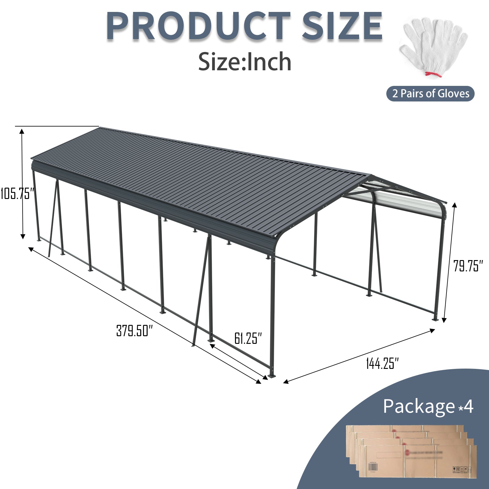 12 X 32 FT Carport, Heavy Duty Carport  with Galvanized Steel Roof and Frame, Metal Carport Large Garage  with 4 Fixed inclined square tube supports for Driveway Car, Truck