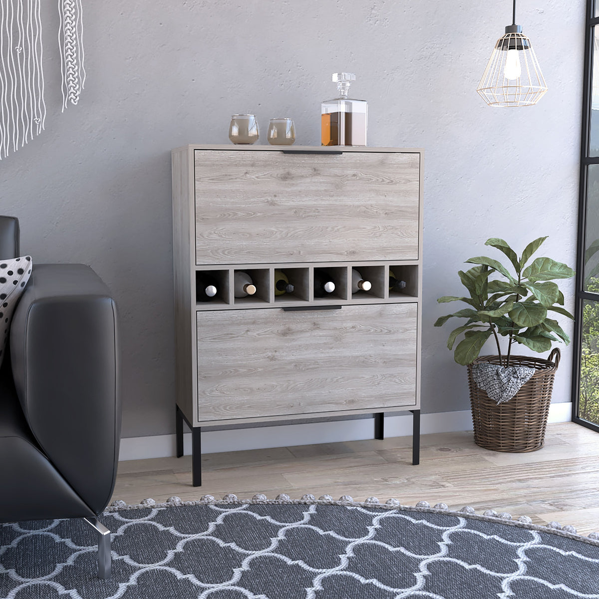 Lyrata Bar Cabinet,  Six Built-in Wine Rack, Double Door -Light Gray