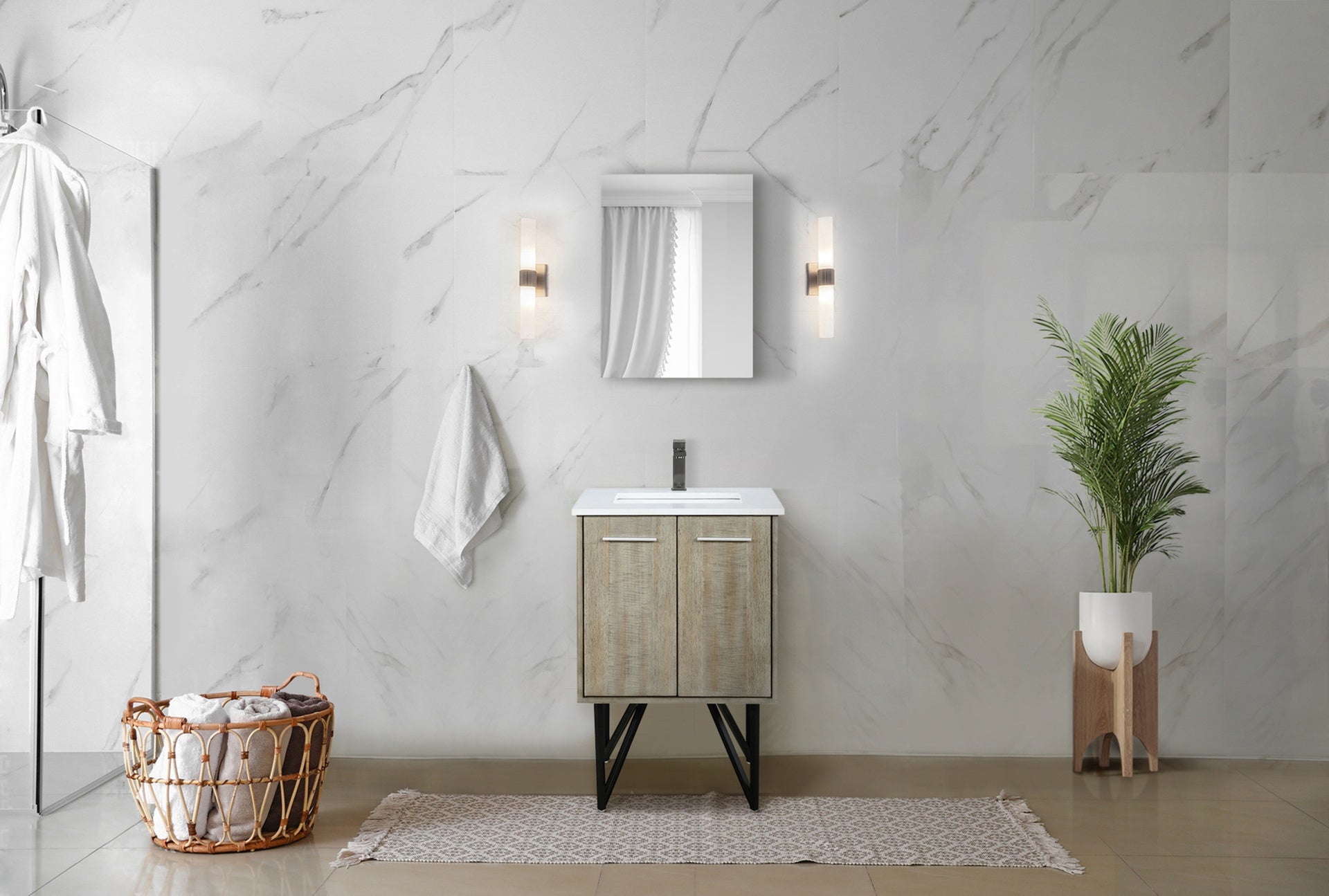 Rustic Acacia Bath Vanity 24 in. W x 20 in. D, Cultured Marble Top and Gun Metal Faucet Set
