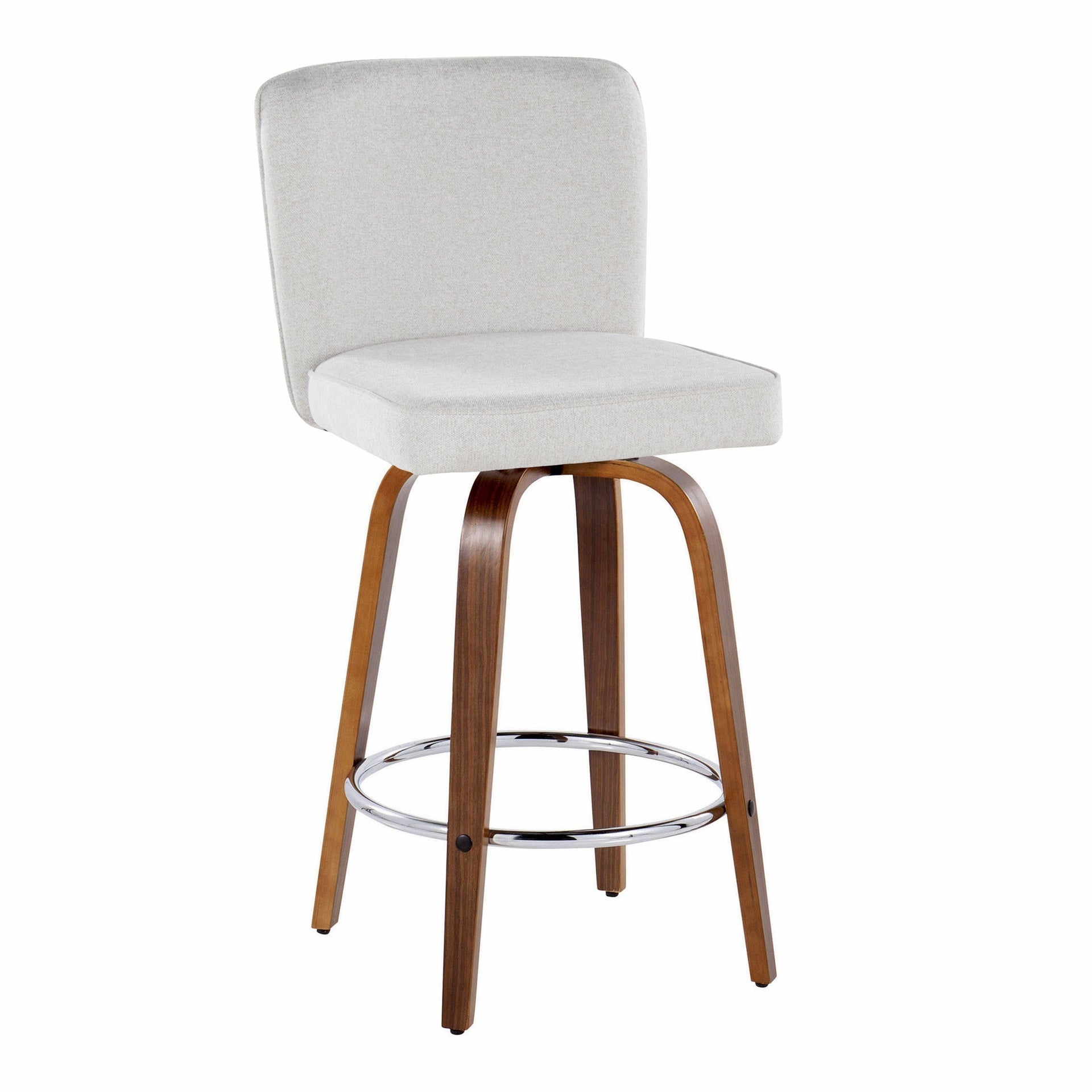 Henry 26" Contemporary Fixed-Height Counter Stool with Swivel in Walnut Wood and White Fabric with Round Chrome Footrest by LumiSource - Set of 2