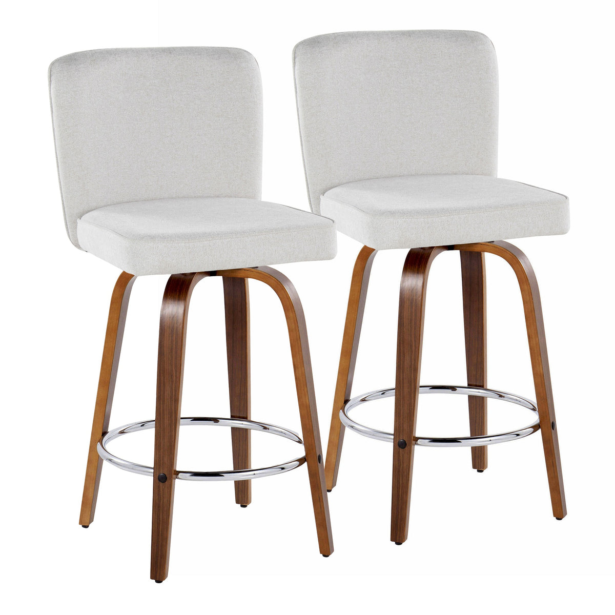 Henry 26" Contemporary Fixed-Height Counter Stool with Swivel in Walnut Wood and White Fabric with Round Chrome Footrest by LumiSource - Set of 2