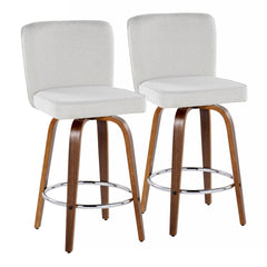 Henry 26" Contemporary Fixed-Height Counter Stool with Swivel in Walnut Wood and White Fabric with Round Chrome Footrest by LumiSource - Set of 2