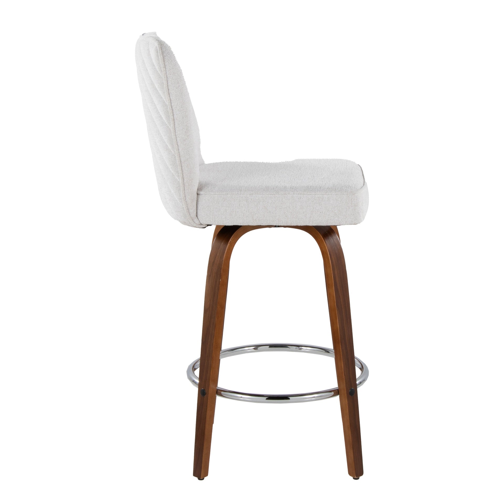 Henry 26" Contemporary Fixed-Height Counter Stool with Swivel in Walnut Wood and White Fabric with Round Chrome Footrest by LumiSource - Set of 2