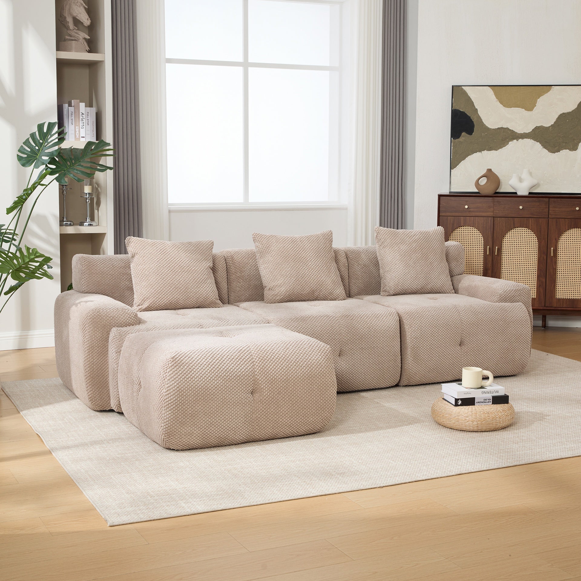 104.3" 4-Piece L Shaped Upholstered Modular Sectional Sofa, Oversized 3-Seater Boneless Convertible Cloud Tufted Couch Set with Deep Seat & Movable Ottoman 3 Pillows for Living Room,No Assembly, Taupe