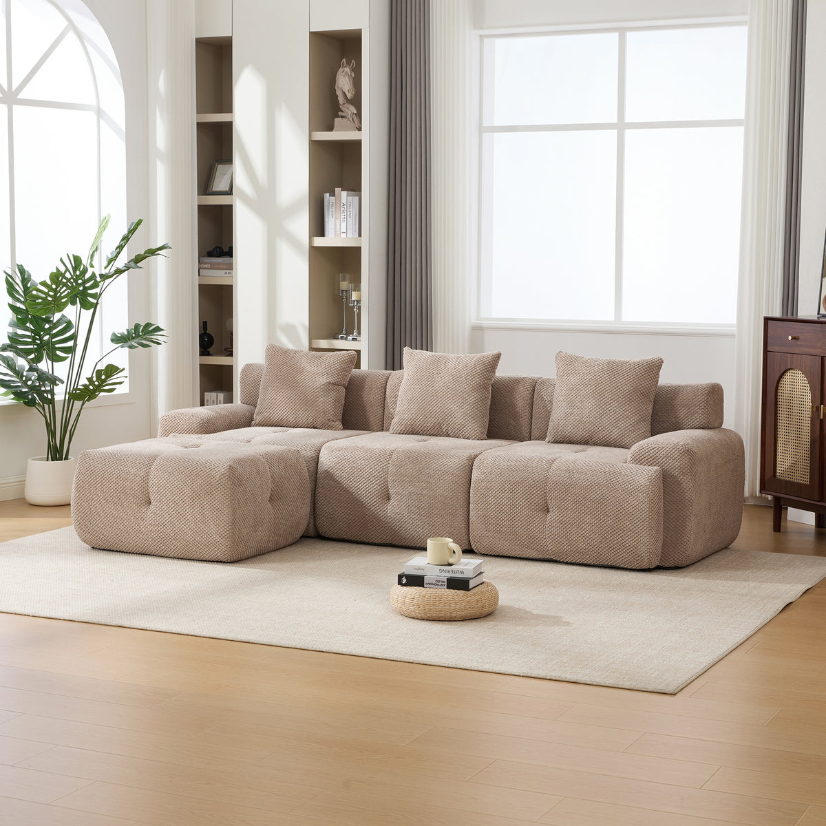 104.3" 4-Piece L Shaped Upholstered Modular Sectional Sofa, Oversized 3-Seater Boneless Convertible Cloud Tufted Couch Set with Deep Seat & Movable Ottoman 3 Pillows for Living Room,No Assembly, Taupe