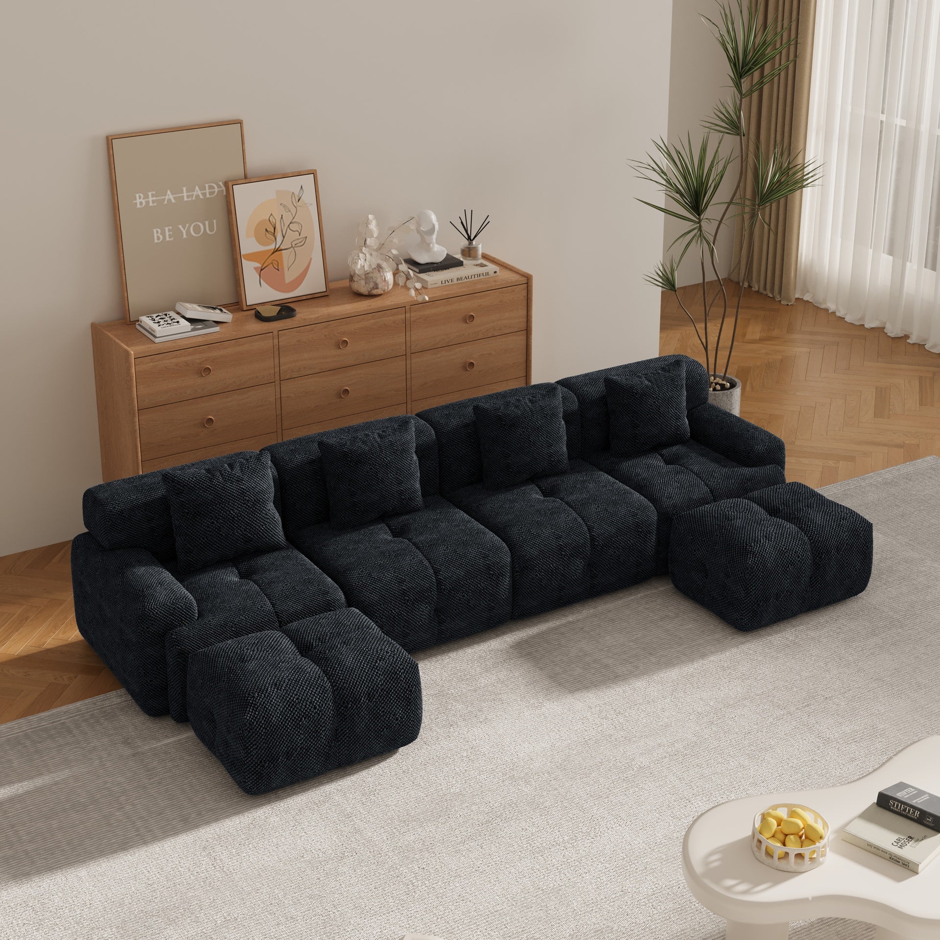 135.4" 6-Piece U-Shaped Sleeper Modular Sectional Sofa Bed Chaise Oversized 4-Seater Boneless Convertible Block Cloud Tufted Floor Corner Couch Set with 2 Ottomans & 4 Pillows for Living Room,Charcoal