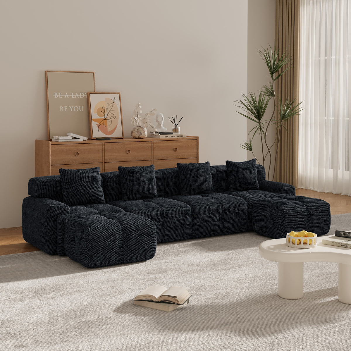 135.4" 6-Piece U-Shaped Sleeper Modular Sectional Sofa Bed Chaise Oversized 4-Seater Boneless Convertible Block Cloud Tufted Floor Corner Couch Set with 2 Ottomans & 4 Pillows for Living Room,Charcoal